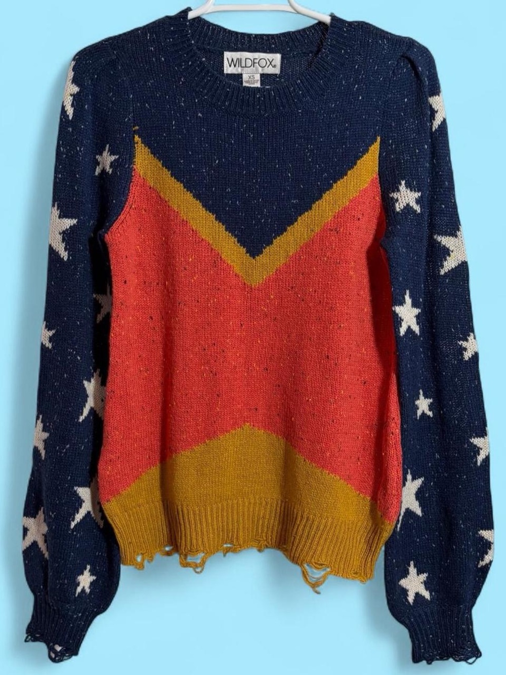 WILDFOX Navy Star Knit Sweater with Red and Mustard Chevron